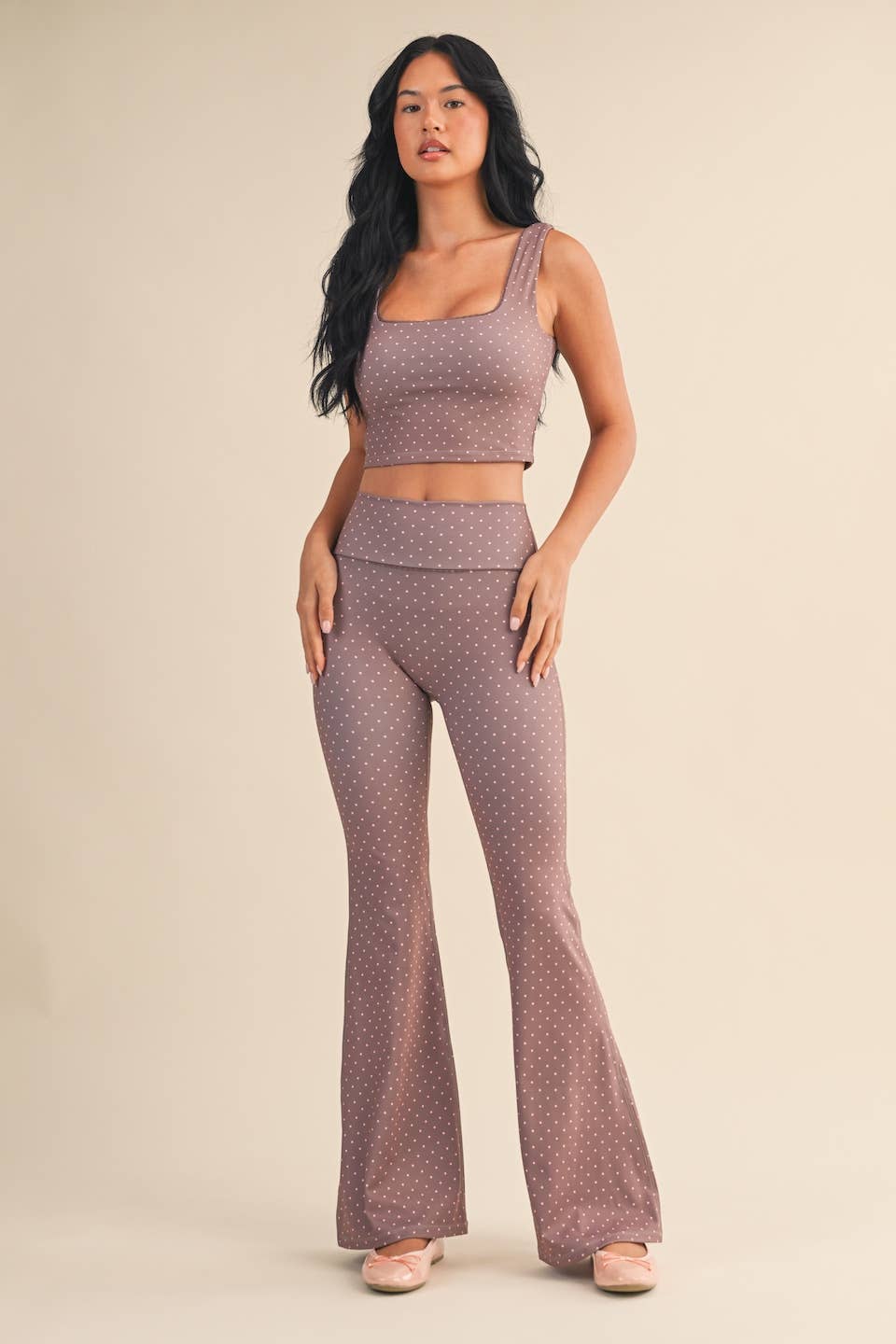 Polka Dot Print Crop Tank with Lace Trim: Black Polka Dot / L