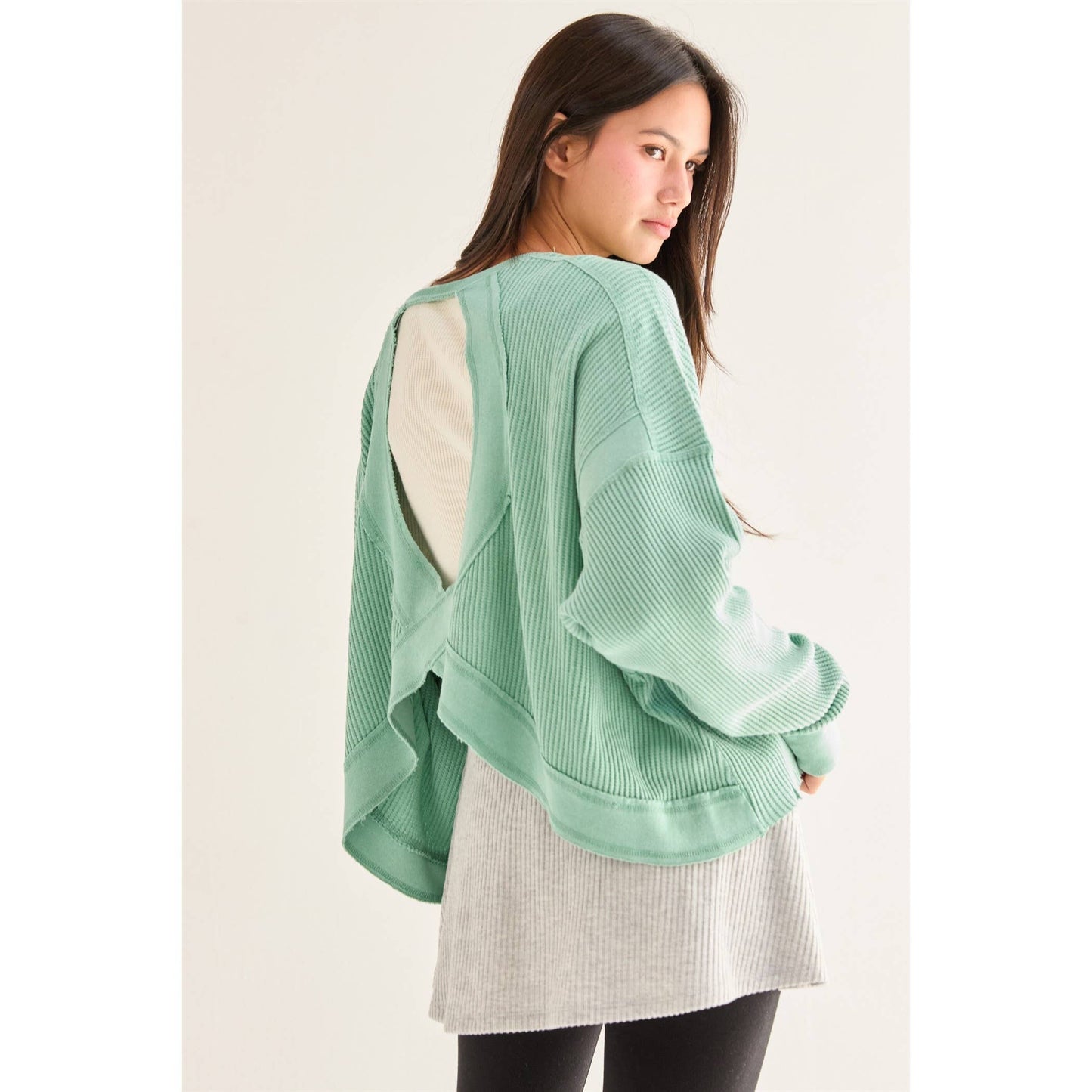Chic Open Back Textured Knit Long Sleeve Top: TAFFY PINK / S-M-L(2-2-2)