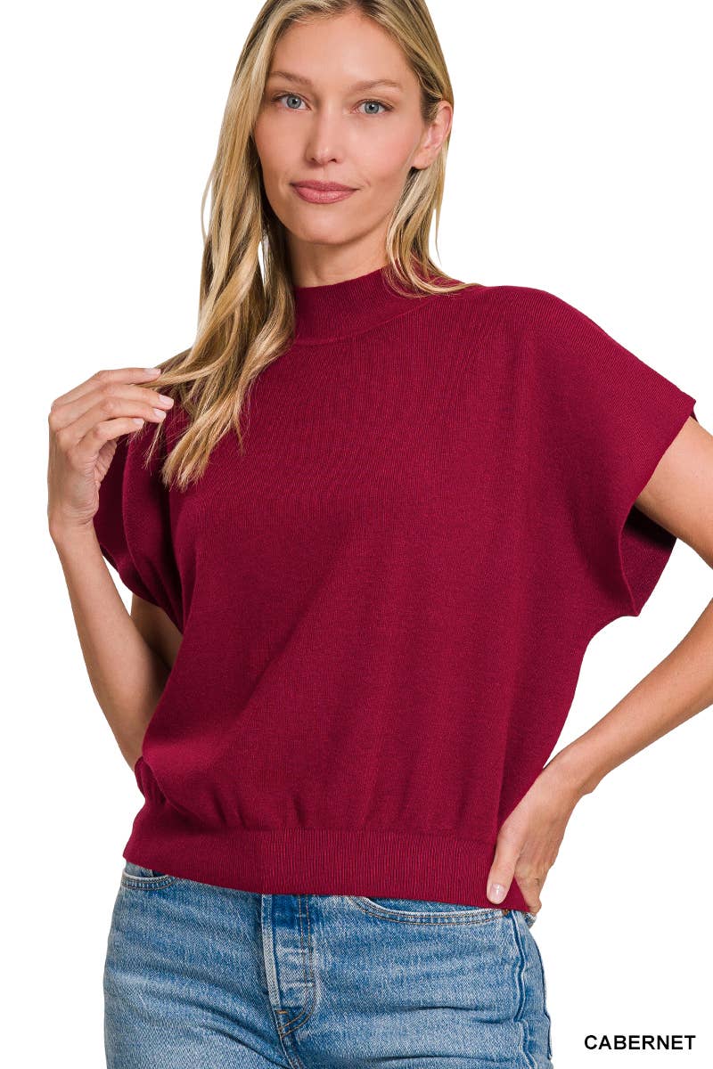 Mock Neck Short Dolman Sleeve Sweater: H MAHOGANY / 2-2-2 (S-M-L)