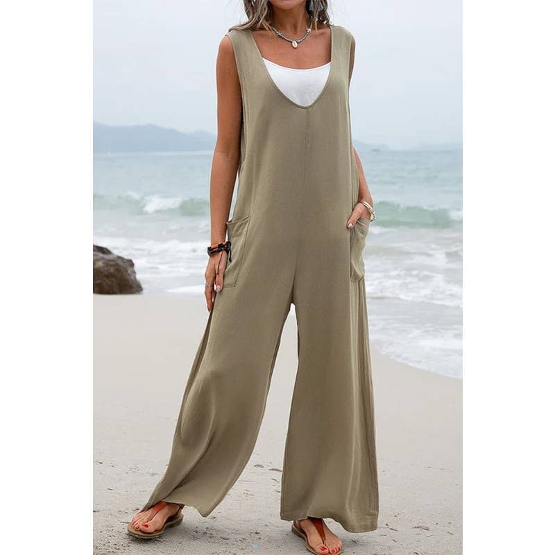 New Solid Color Pocket Fashion Jumpsuit : OLIVE GREEN / L