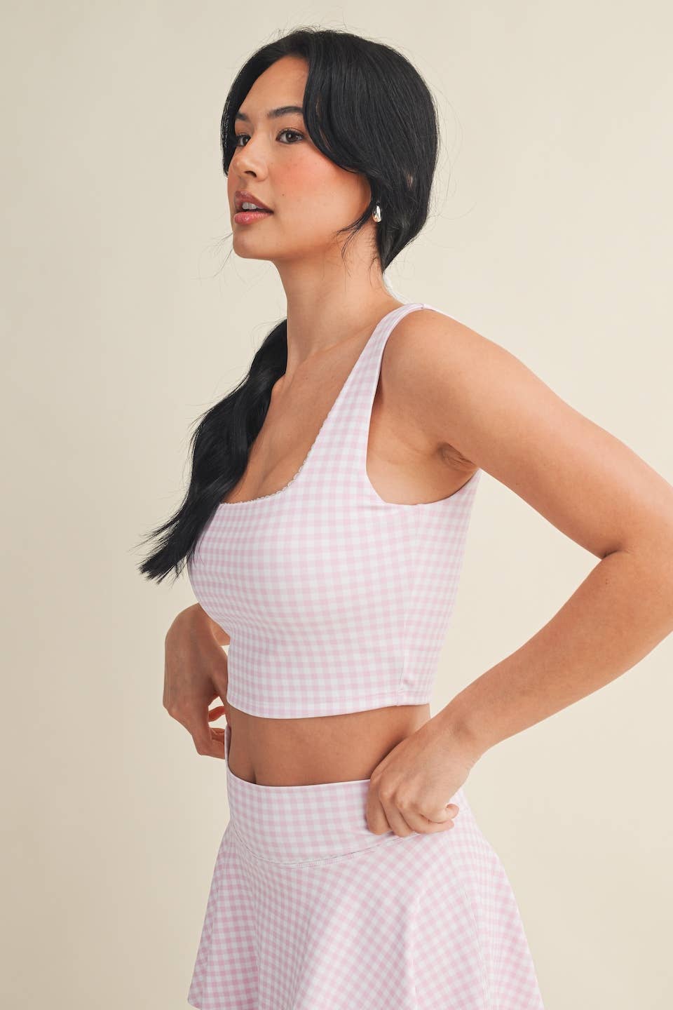 Gingham Print Crop Tank with Lace Trim: Pink Gingham / L
