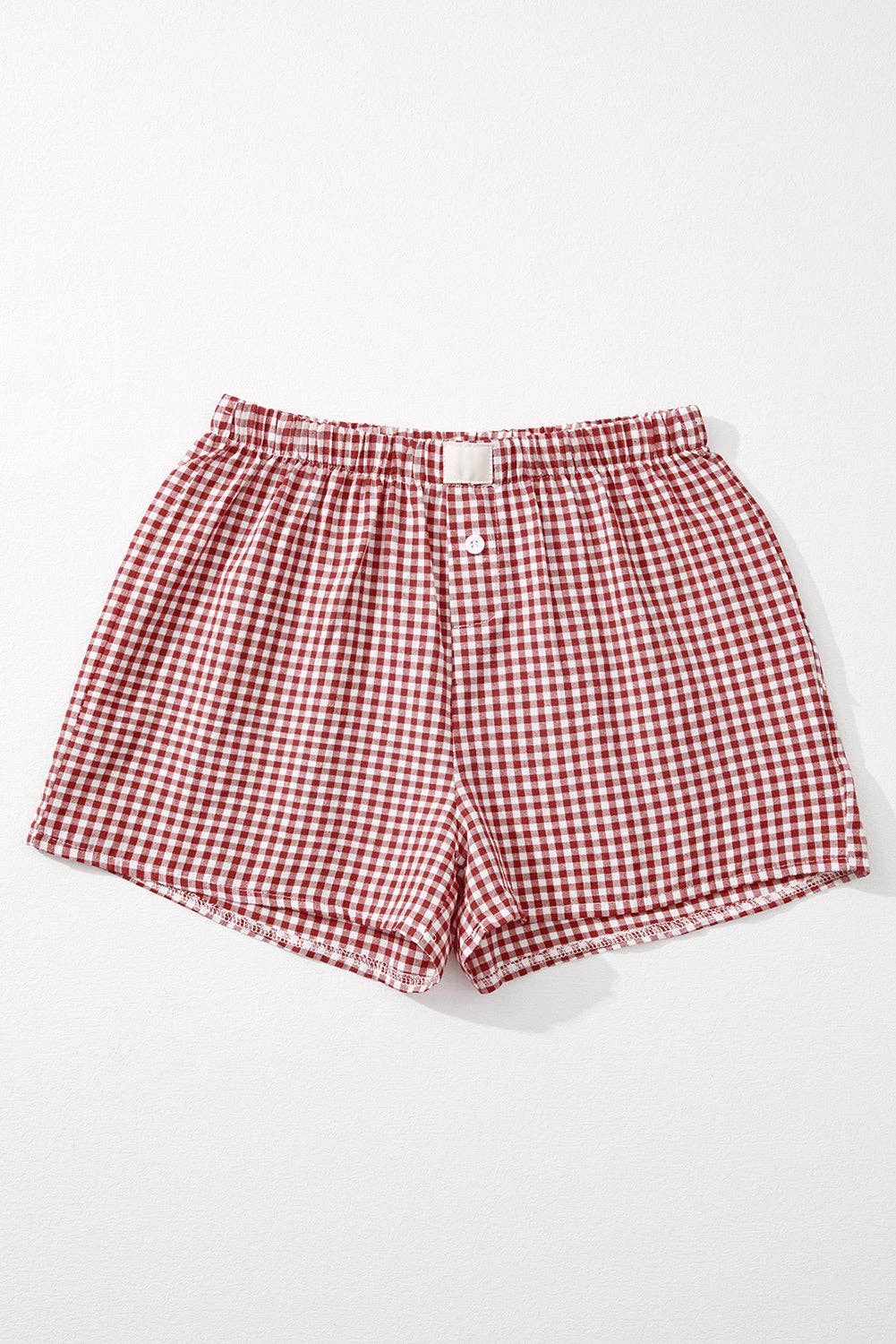Red Gingham High Waisted Elastic Waist Summer Shorts: Red Stripe / 100%Polyester / M