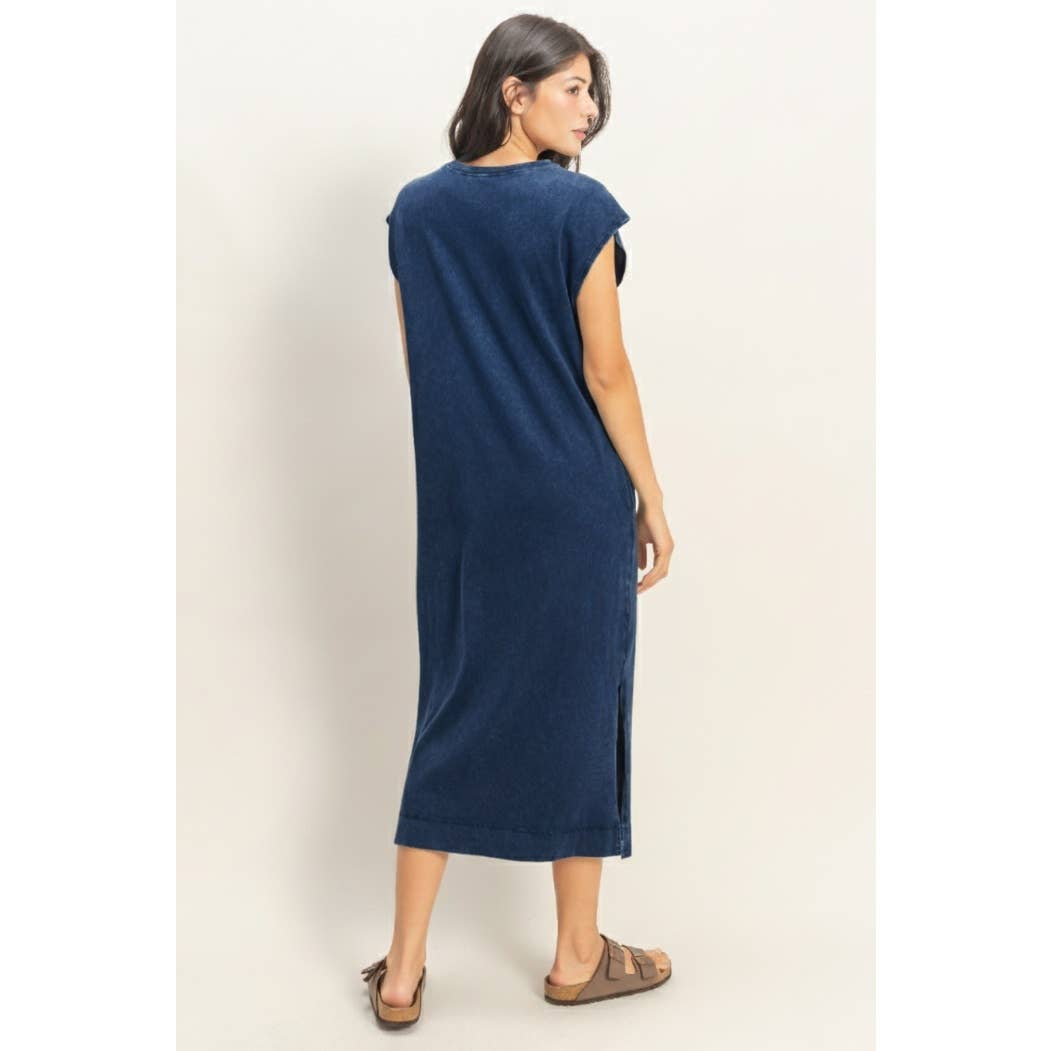 Mineral Wash Cap Sleeve Midi Dress: DARK TEAL / S-M-L(2-2-2)