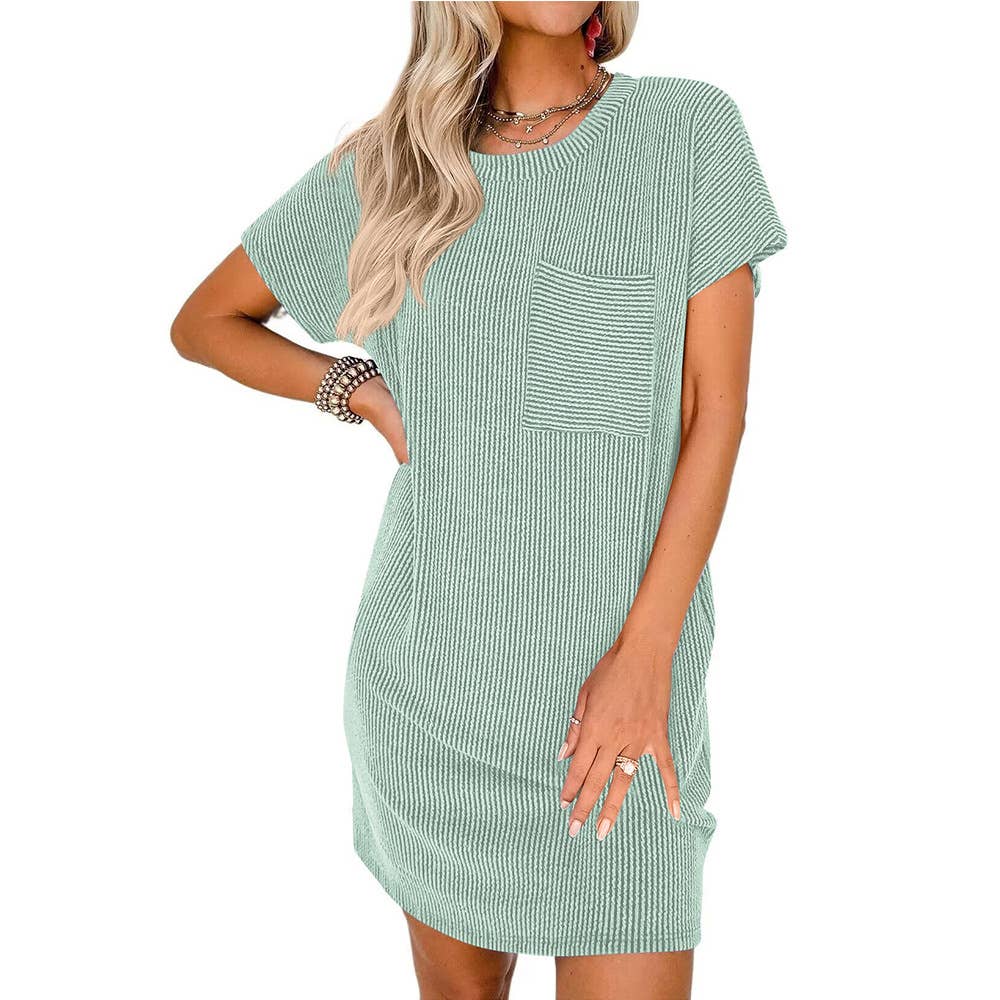 Summer Casual T-shirt Short-sleeved Dress (With Pockets): Black / 65%Rayon + 35%Polyester / M