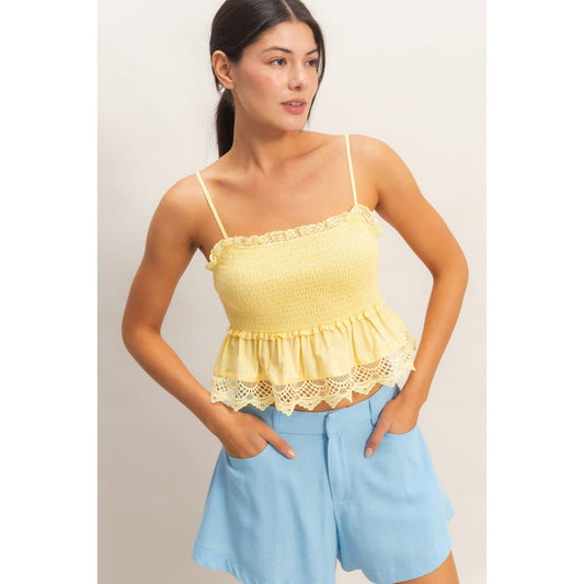 Smocked Peplum Top With Lace Trim: YELLOW / S-M-L(2-2-2)