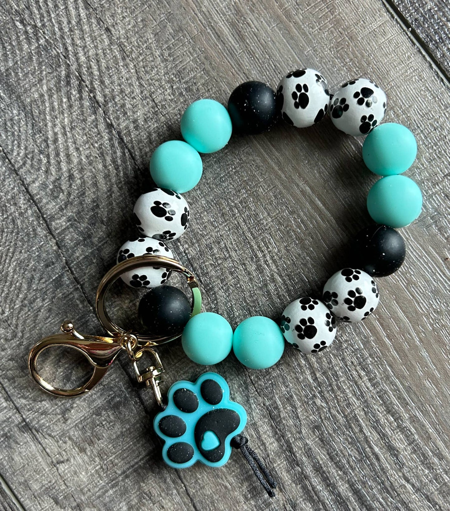 Paw Print Silicone and Wooden Bead Wristlet Keychain: Teal