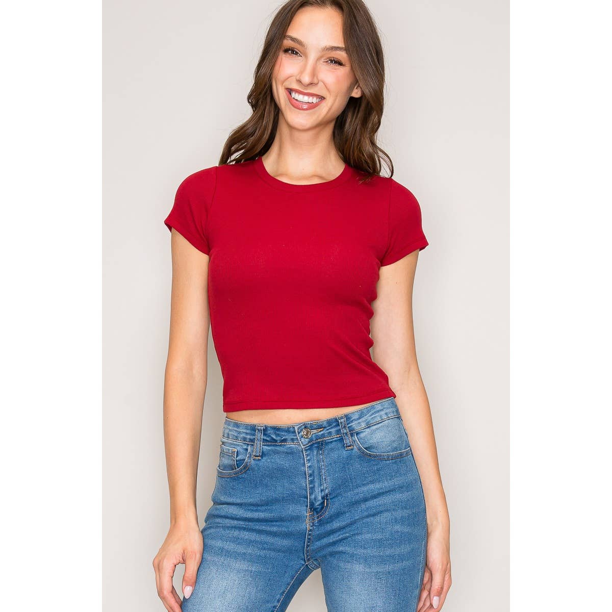 Crew Neck Short Sleeve Cotton Rib Knit Top: Heather Grey / S-M-L(2-2-2)