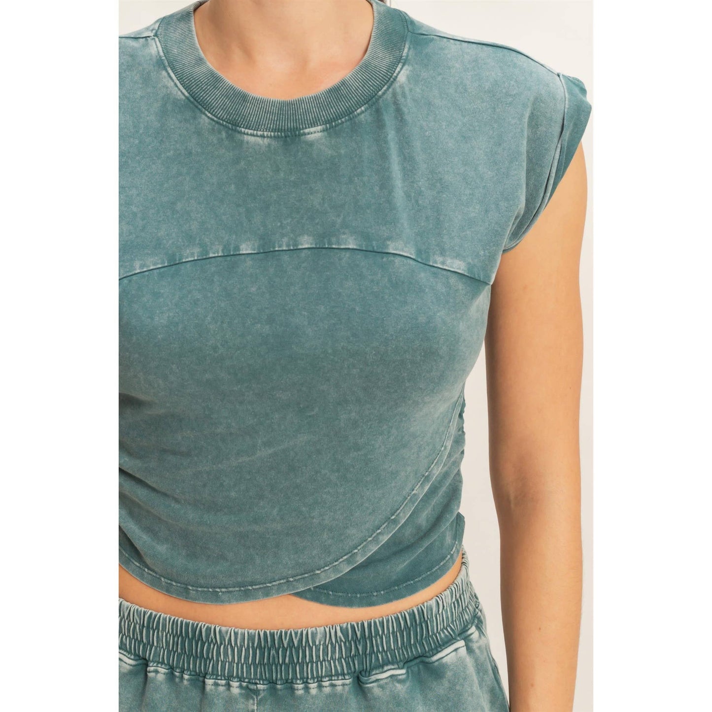 Rolled Sleeve Wrap-Front Crop Top And Jogger Set: DARK TEAL / S-M-L(2-2-2)