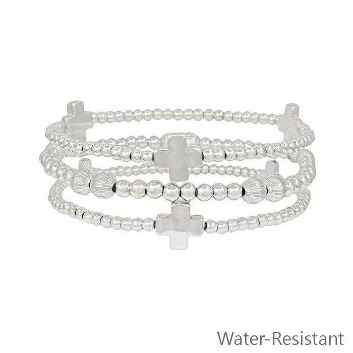 Water Resistant Set of Three Silver Cross and Beaded Stretch Bracelets
