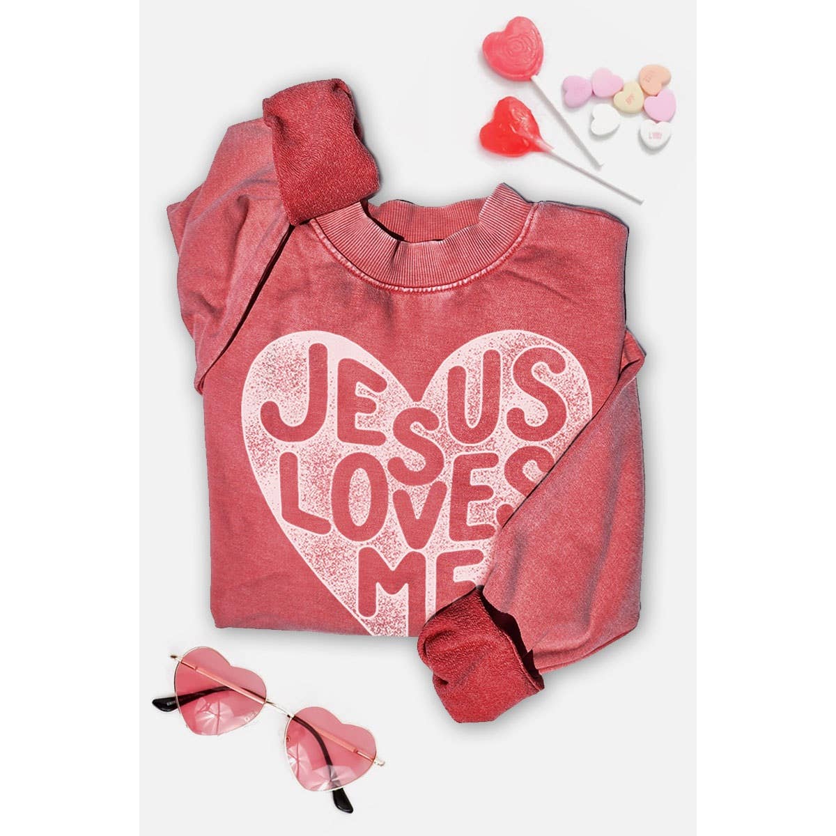 JESUS LOVES ME MINERAL GRAPHIC SWEATWHIRTS: Mineral Grey / S-M-L-XL(1-2-2-1)