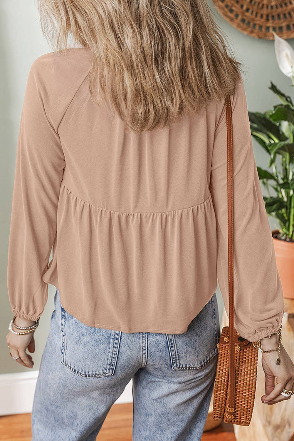LDC Smocked Bust Buttoned Split V Neck Flow Fit Blouse: Cinnamon / XL