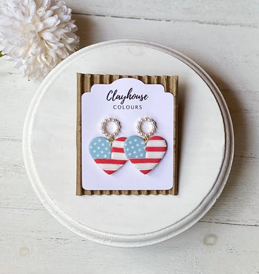 Fourth of July Handmade Earrings | Red White & Blue Earrings: Heart Flag