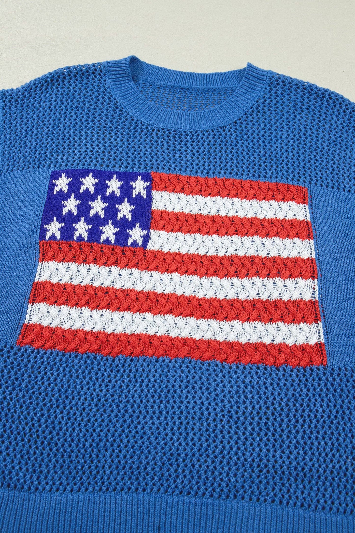 Blue American Flag Knit Short Sleeve Sweater Top: Sky Blue / 100%Acrylic / S