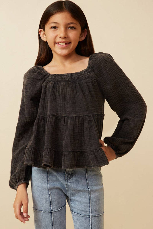 Girls Smock Detailed Textured Washed Peplum Top - 4 Pack: Black / Pack
