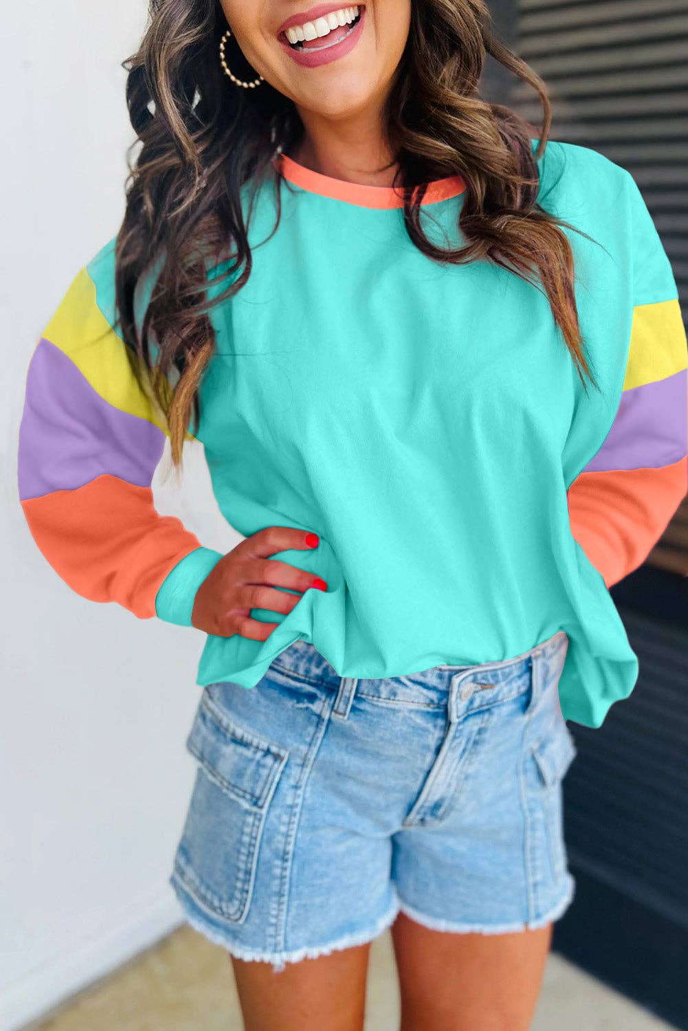 Dark Blue Colorblock Patchwork Long Sleeve Loose Top: Green / 95%Cotton+5%Elastane / M