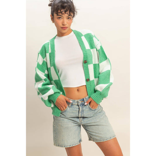 Checkered Button Front Cardigan Sweater: EMERALD/CREAM / S-M-L(2-2-2)
