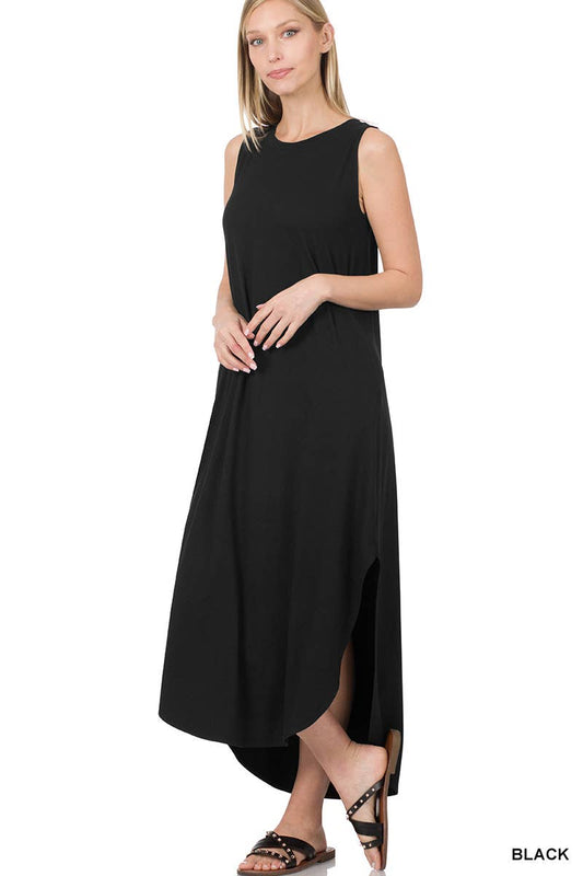 Brushed Dty Side Slit Dress With Pockets: BLACK / 1-1-1-1 (S-M-L-XL)