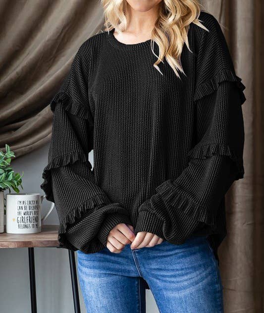 Balloon Sleeve Ruffle Sleeve Pullover Top: Green / S