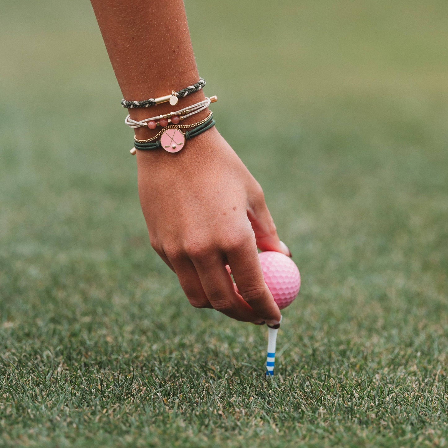 "Tee Time" Green and Pink Hair Tie Bracelets with Removable Ball Marker: Small