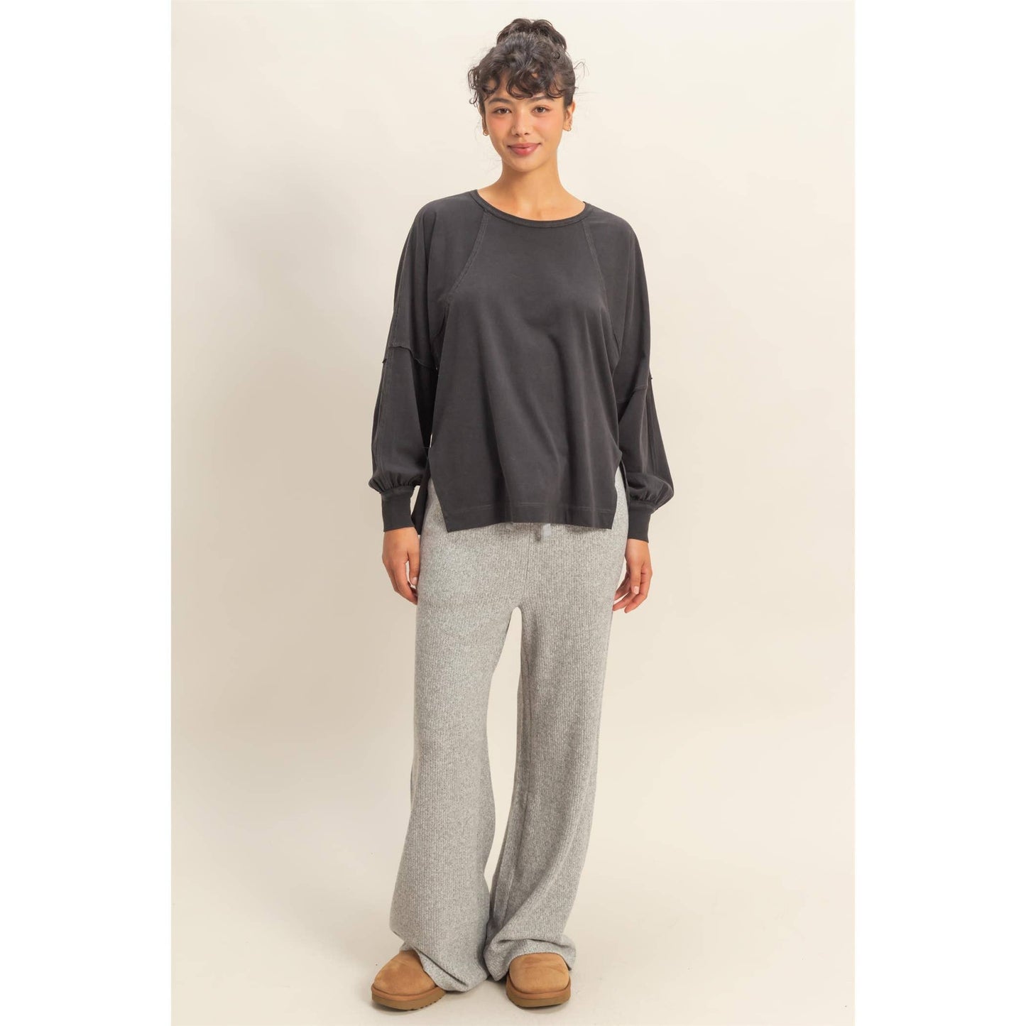 Washed Oversized Long Sleeve Top With Slit: CREAM / S-M-L(2-2-2)