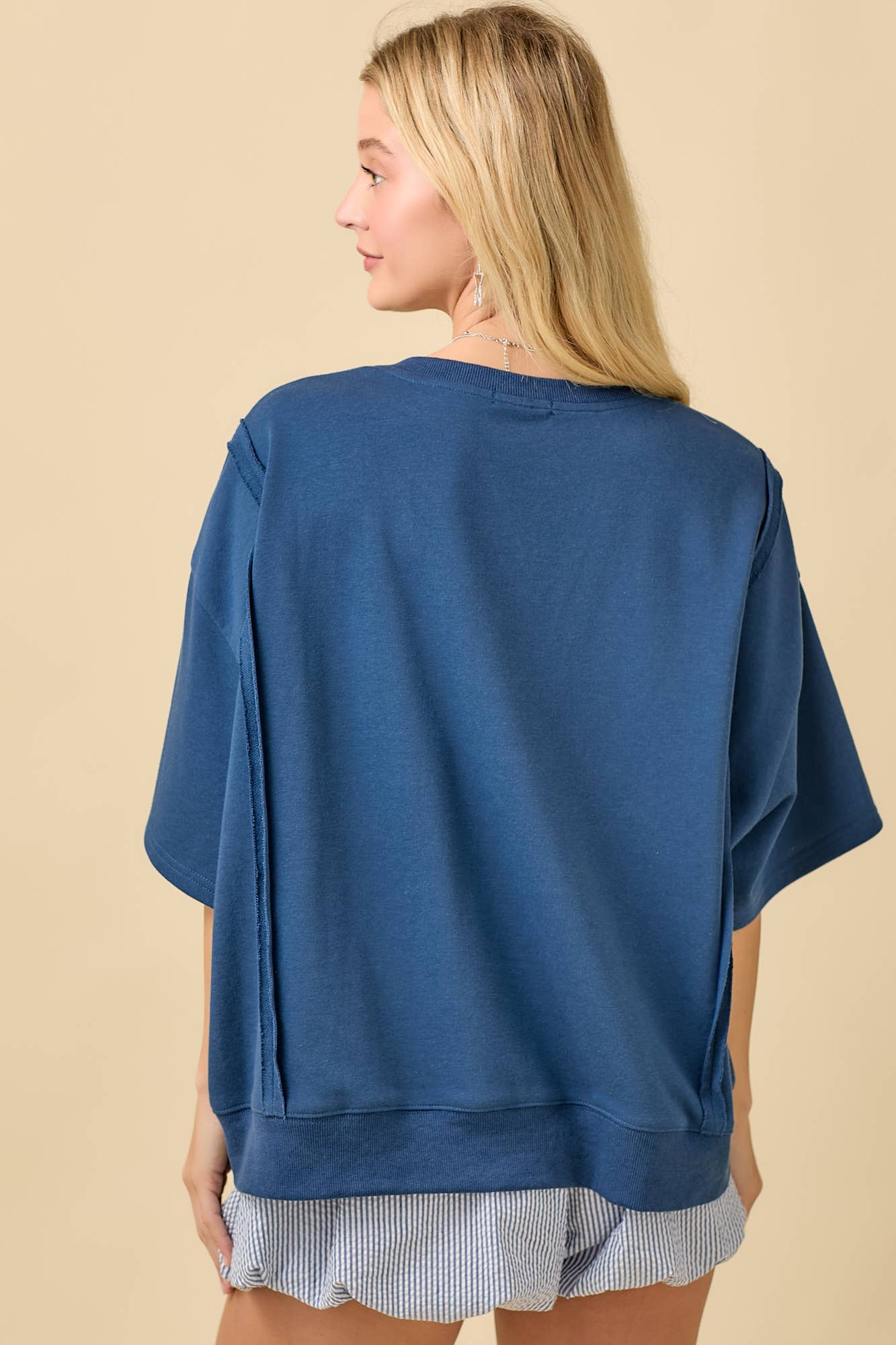 Boxy Wide Short Sleeve Top With American Flag Patchwork: DARK BLUE / M