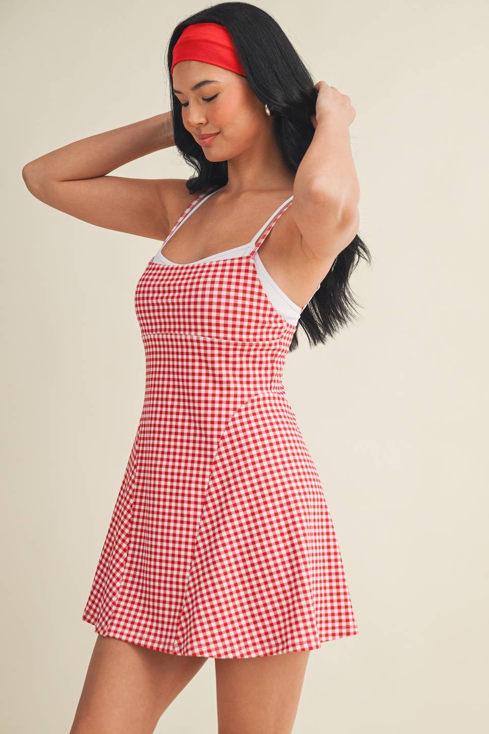 Gingham Print Double Layered Dress: Blue Gingham / L