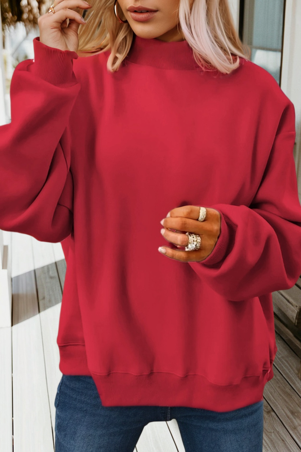 Love Solid Oversize Reversible Mock Neck Sweatshirt (S-XL): Light Grey / Missy / L