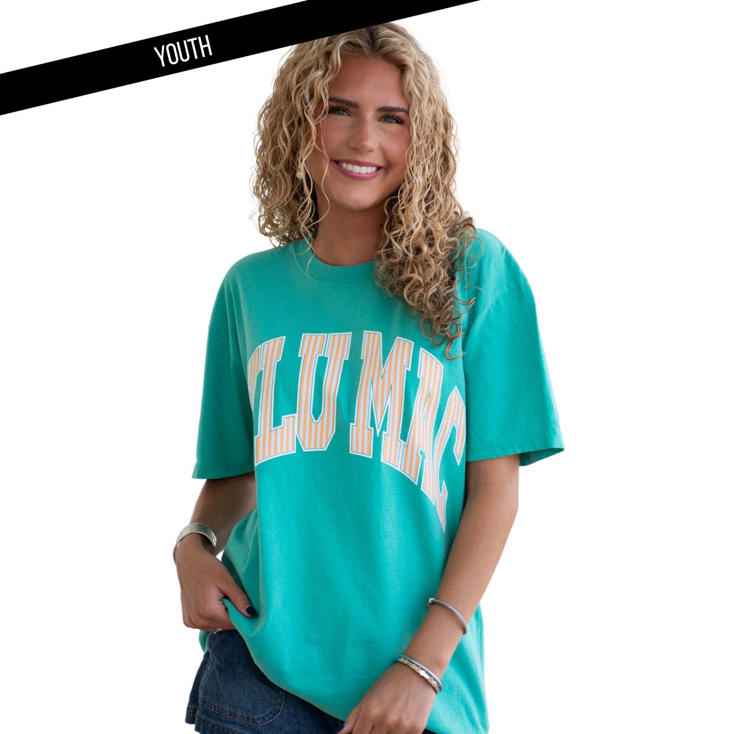 KD-STR-1000 Stripe Cream Sickle Sky/Island Green   Youth Comfort Colors Tee: Cream Sickle Sky/Island Green / Youth Medium