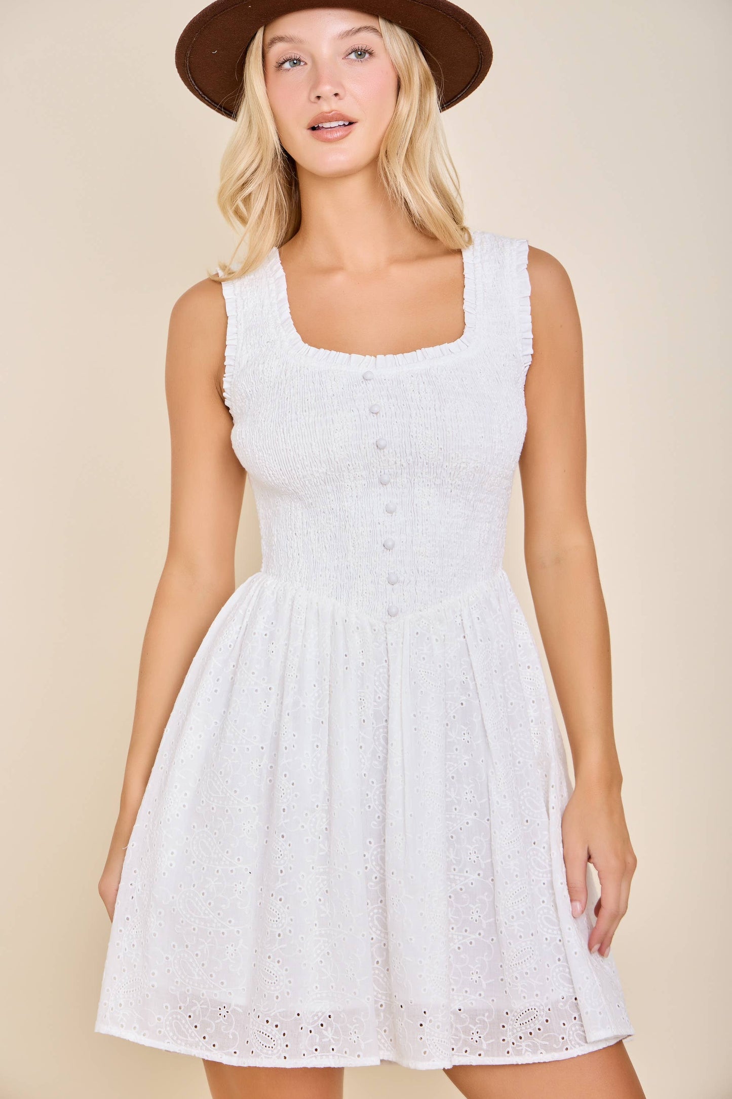 Eyelet Smocked Mini Dress – Sweet Feminine Spring Style: PINK / L