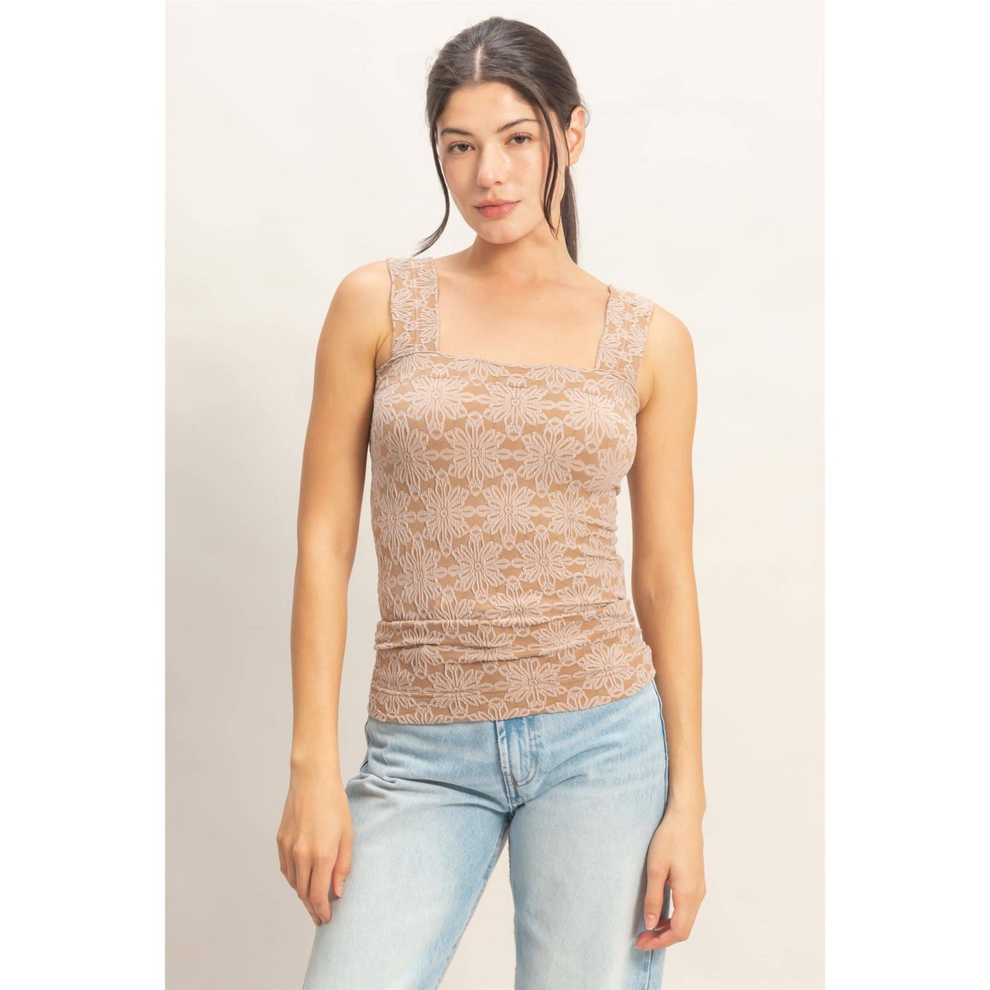 Floral Jacquard Square Neck Top: WHITE / S-M-L(2-2-2)