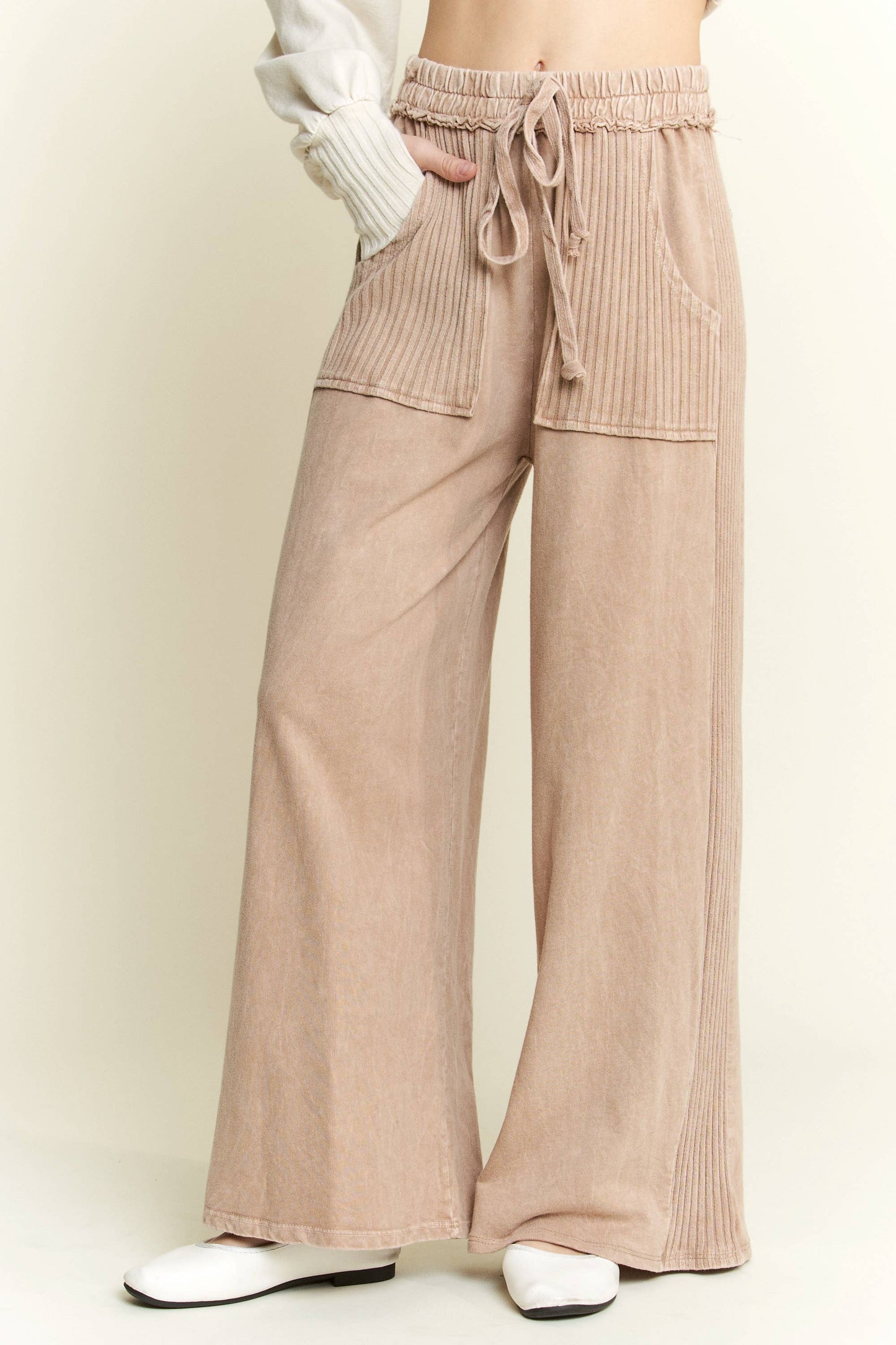 Mineral Wash Side Knit detail wide leg pants HE5878P..: Burgundy / S-M-L / 2-2-2