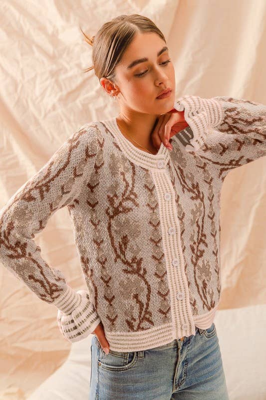 Floral Intarsia Button Up Sweater Cardigan: LAVENDER / 3-2-1 (S-M-L)