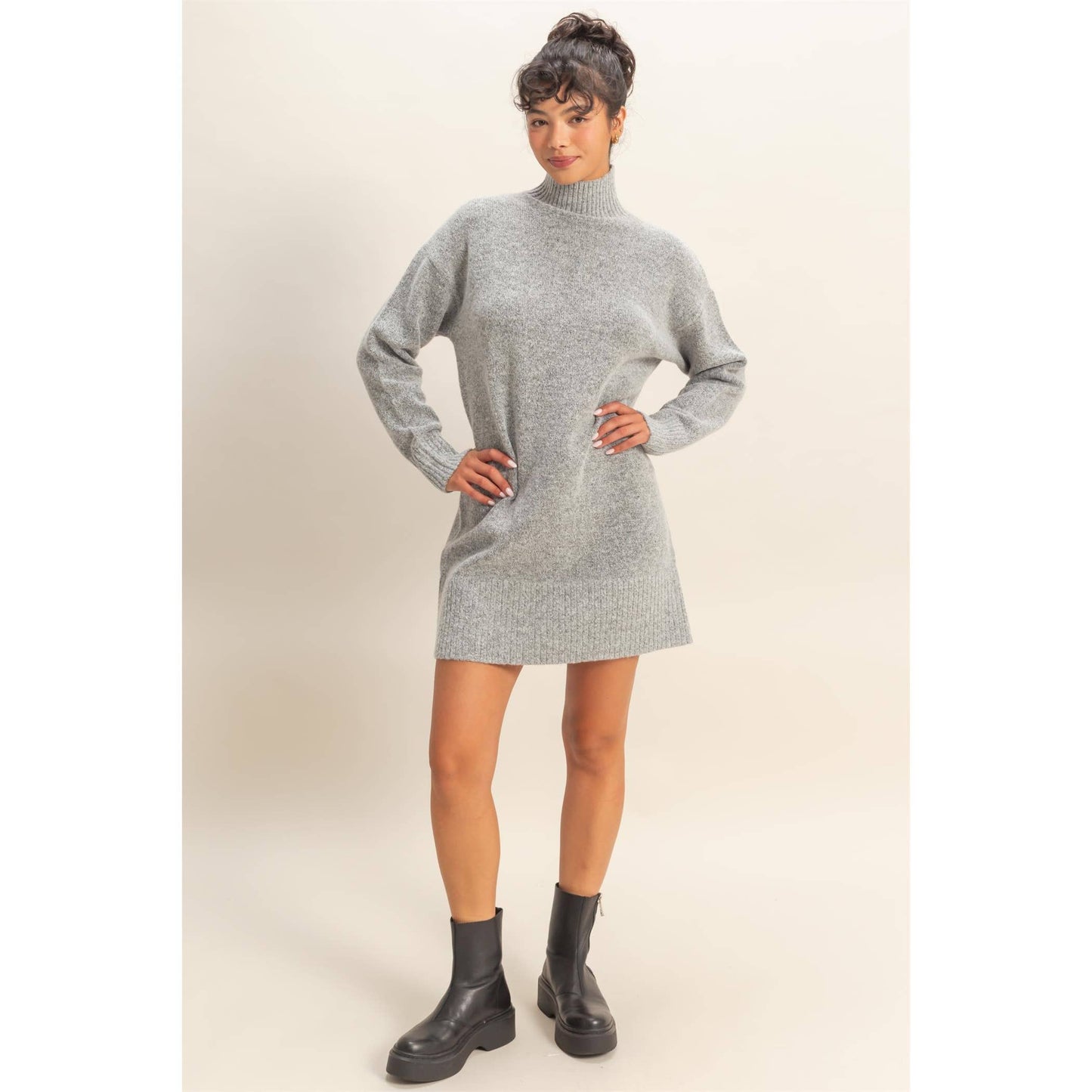 High Neck Sweater Mini Dress: BLACK / S-M-L(2-2-2)