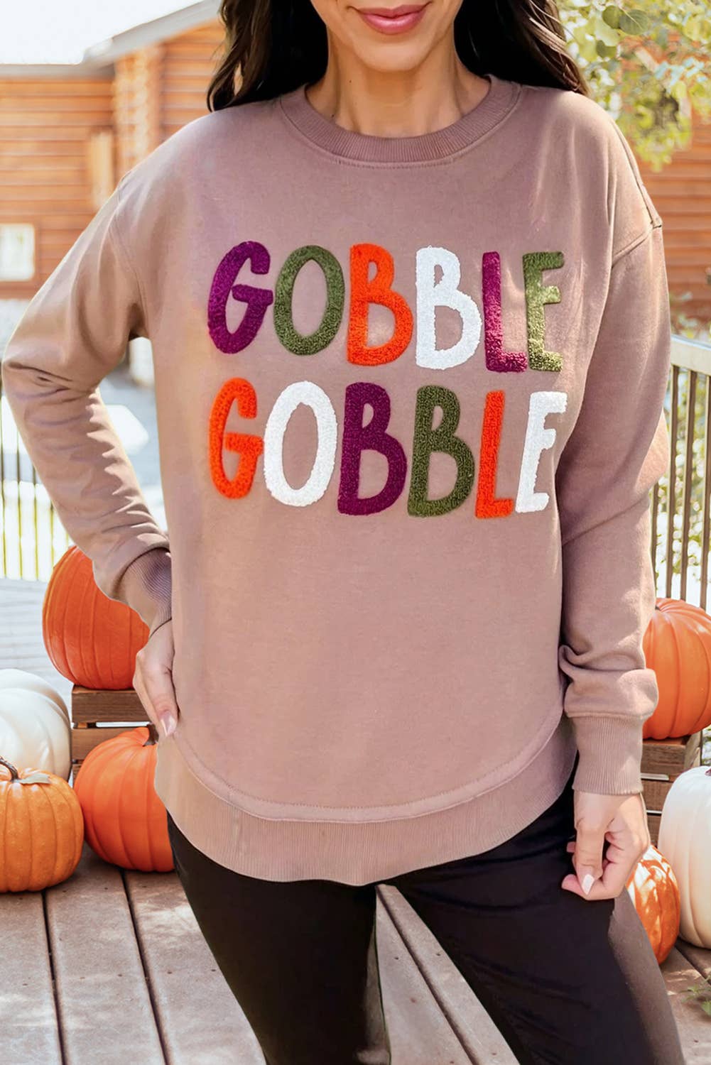 GOBBLE Letter Patch Graphic Thanksgiving Sweatshirt | S-XL: As shown / Missy / S