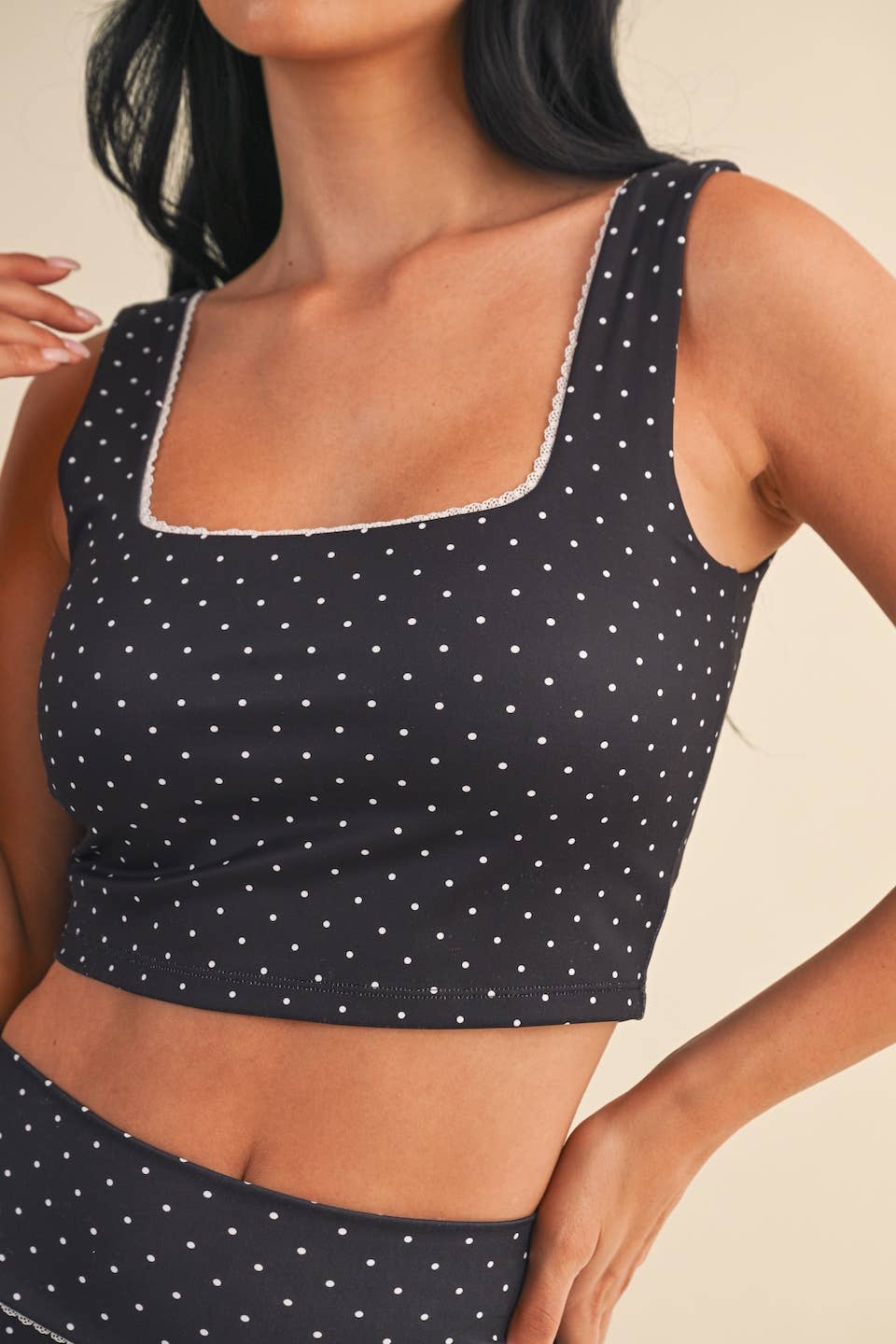 Polka Dot Print Crop Tank with Lace Trim: Black Polka Dot / L
