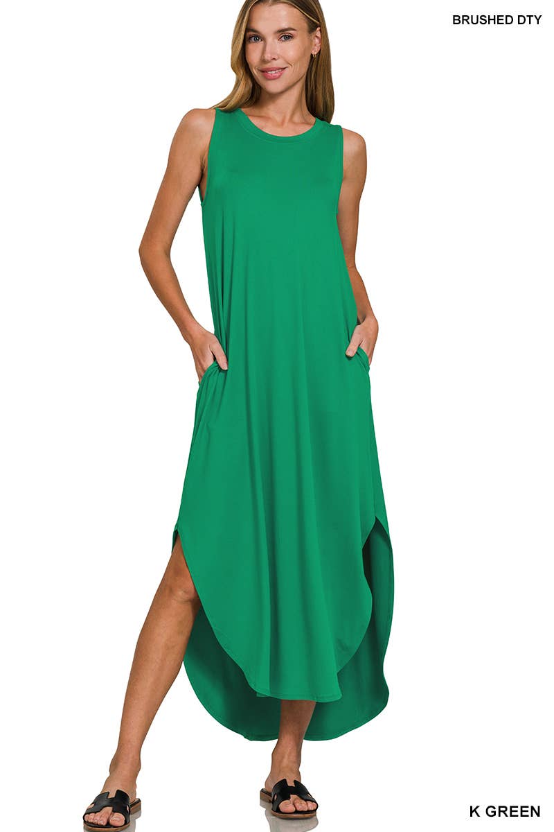Brushed Dty Side Slit Dress With Pockets: BLACK / 1-1-1-1 (S-M-L-XL)