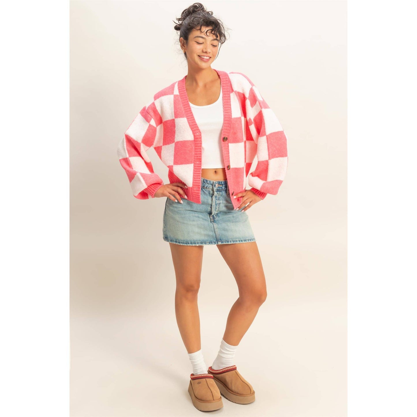 Checkered Button Front Cardigan Sweater: EMERALD/CREAM / S-M-L(2-2-2)