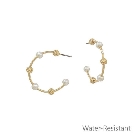Water Resistant Gold Bar with Pearl and Textured Ball 1" Hoop Earring