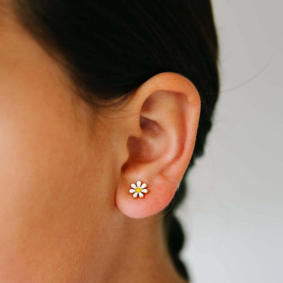 Daisy Stud Earrings - Hypoallergenic, Flat Back, Girl Gift: White / Pair