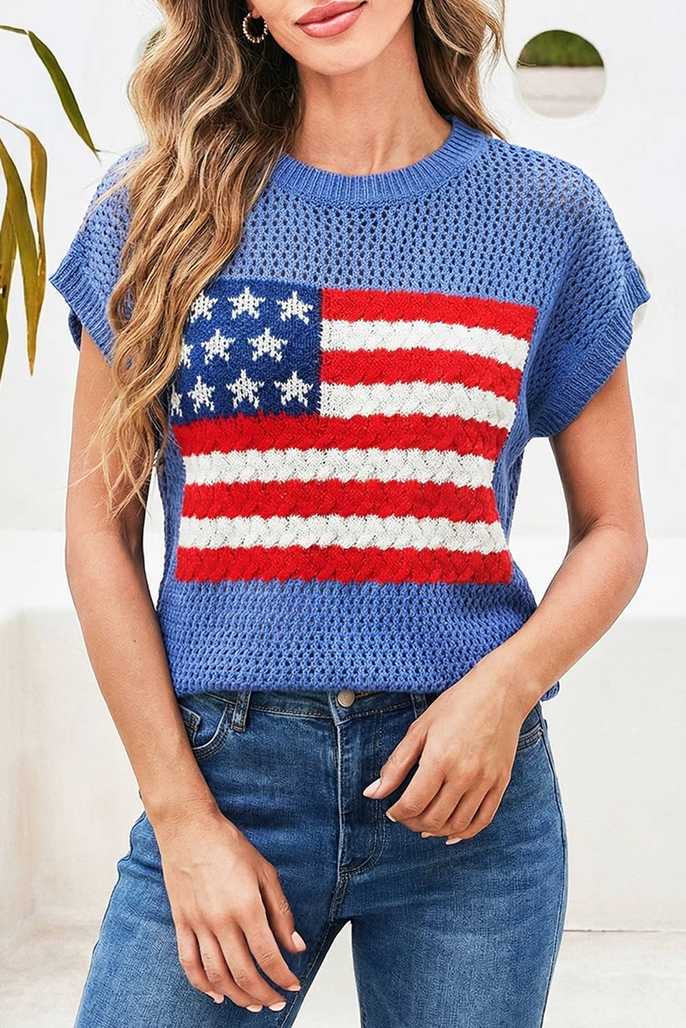 LDC Flag Graphic Short Sleeve Sweater Top: Sky Blue / XL