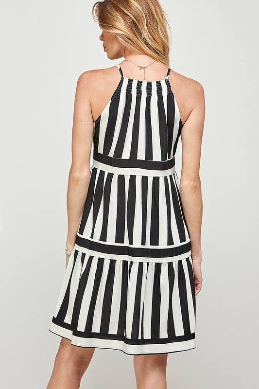 Stripe Print Spaghetti Strap Short Dress: BLACK / 2-2-2 (S-M-L)