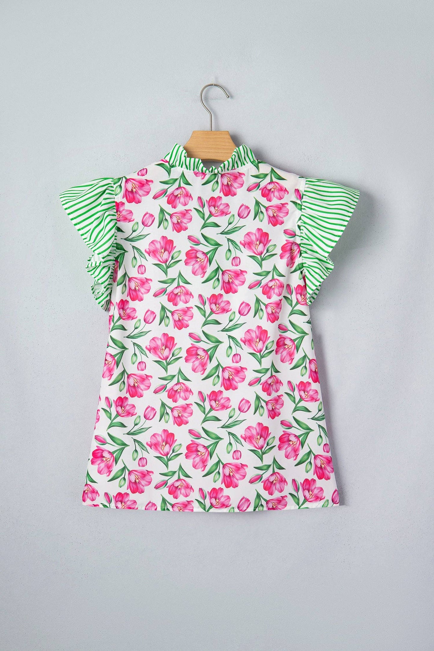 Multicolour Sweet Floral Print Striped Ruffle Trim V Neck Blouse: Multicolour / 100%Polyester / XL