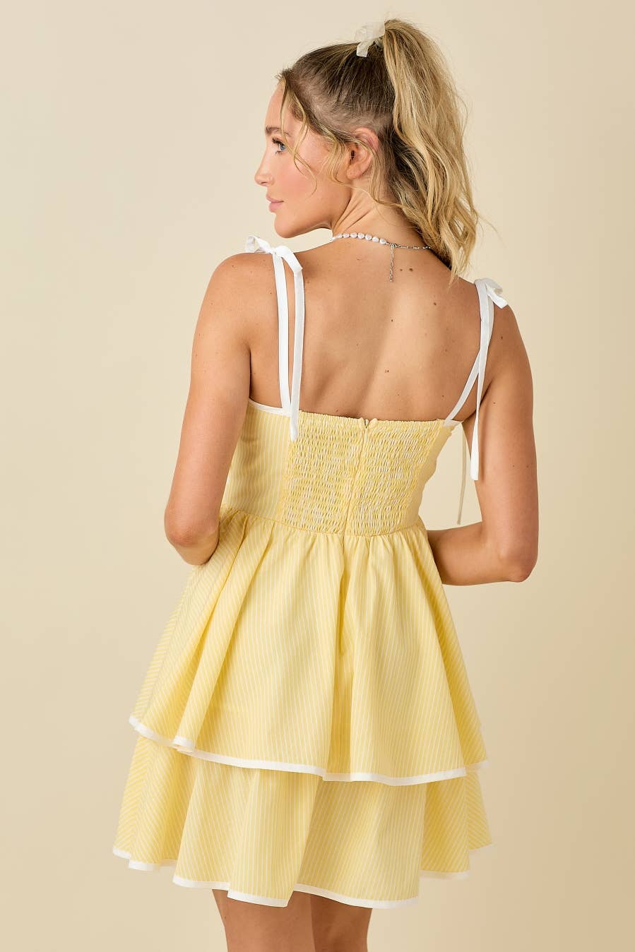 Ribbon shoulder strap with contrast binding dress: BLUE/BLACK / S
