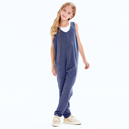 Embossed Rib Sleeveless Jumpsuit /Overall /Onesie: Navy / XL
