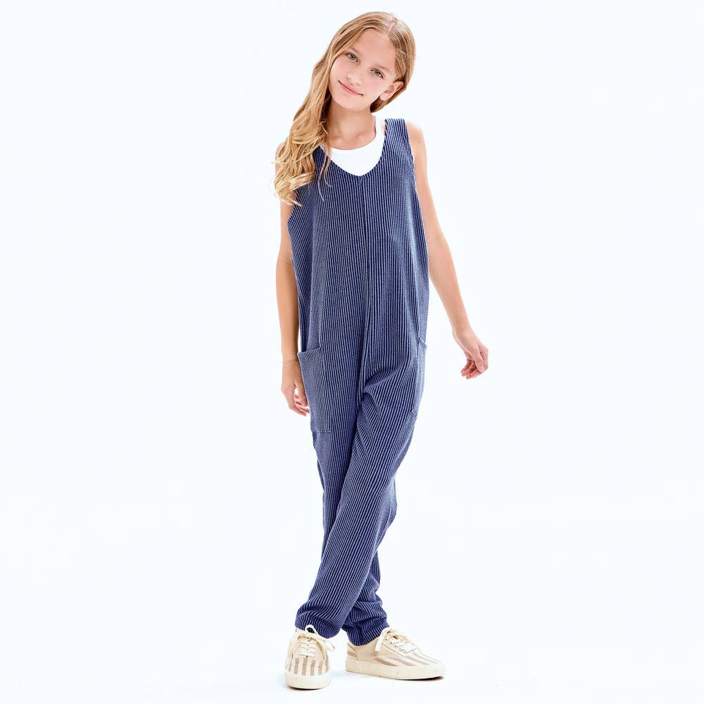 Embossed Rib Sleeveless Jumpsuit /Overall /Onesie: Navy / S