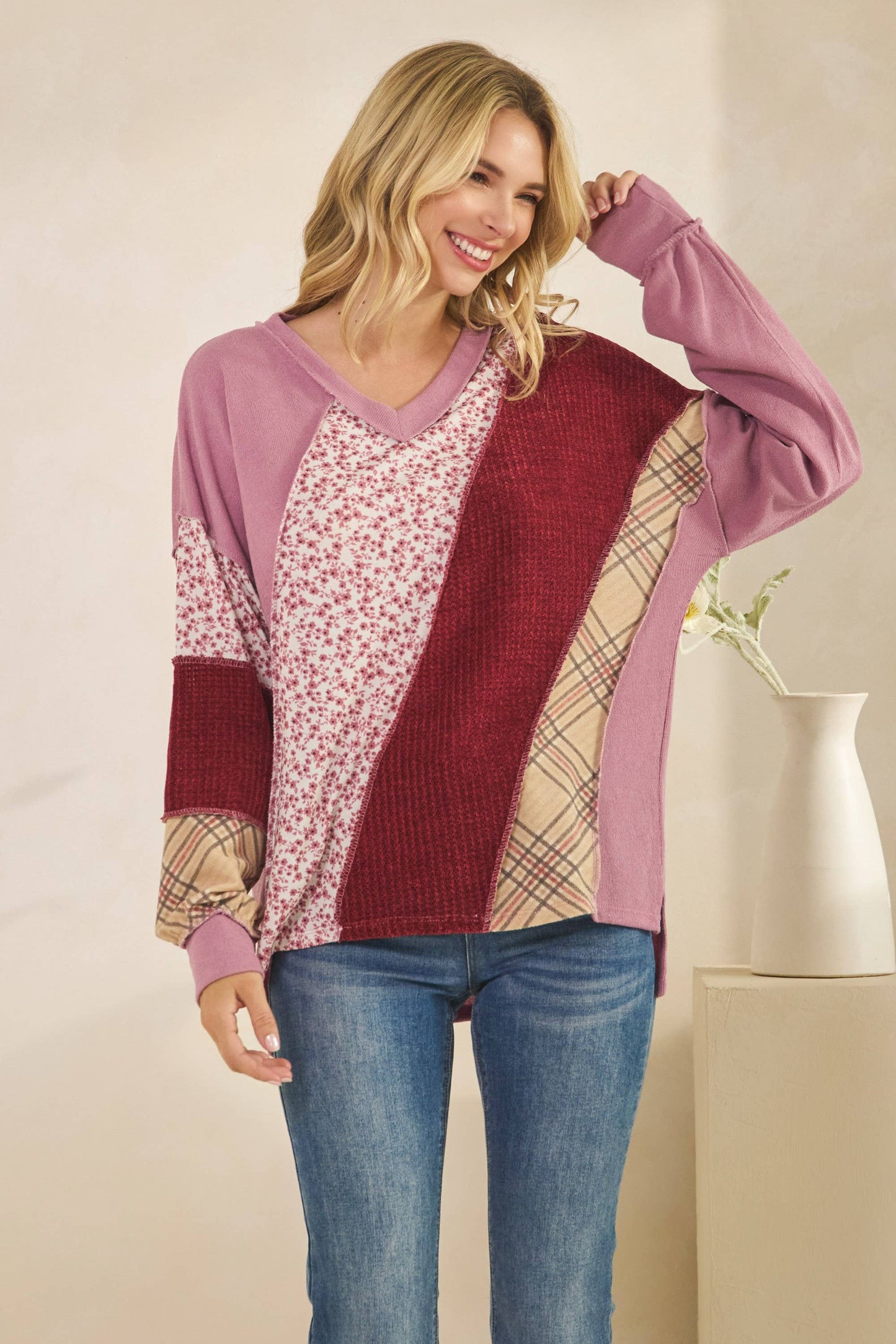 Multi Fabric Patchwork V Neck Long Sleeve Top: MAUVE / 2-2-2-2(S-M-L-XL)