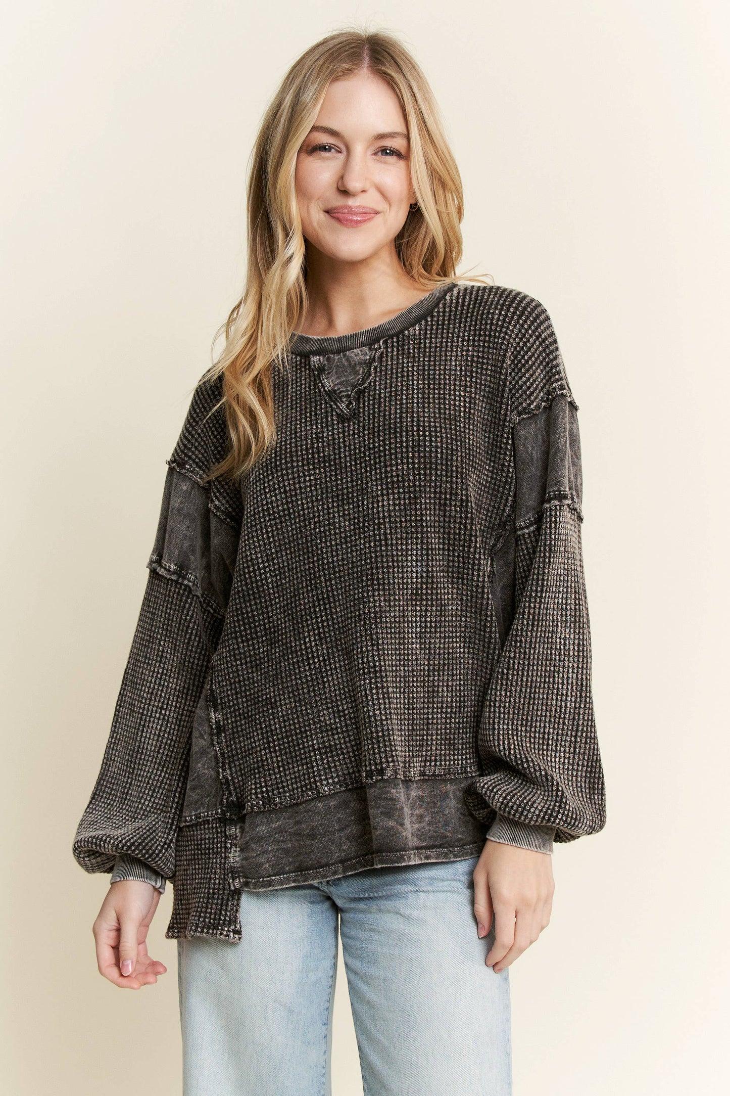 MineralWash Waffle and terry oversized fall shirt HT5989.: Midnight Green / S-M-L / 2-2-2