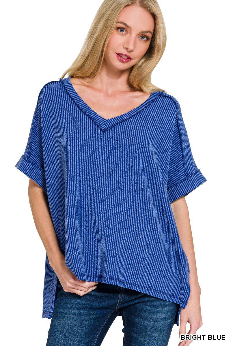 Raised Rib Short Sleeve Hi-low V Neck Top: RUBY / 3-3(S/M-L/XL)