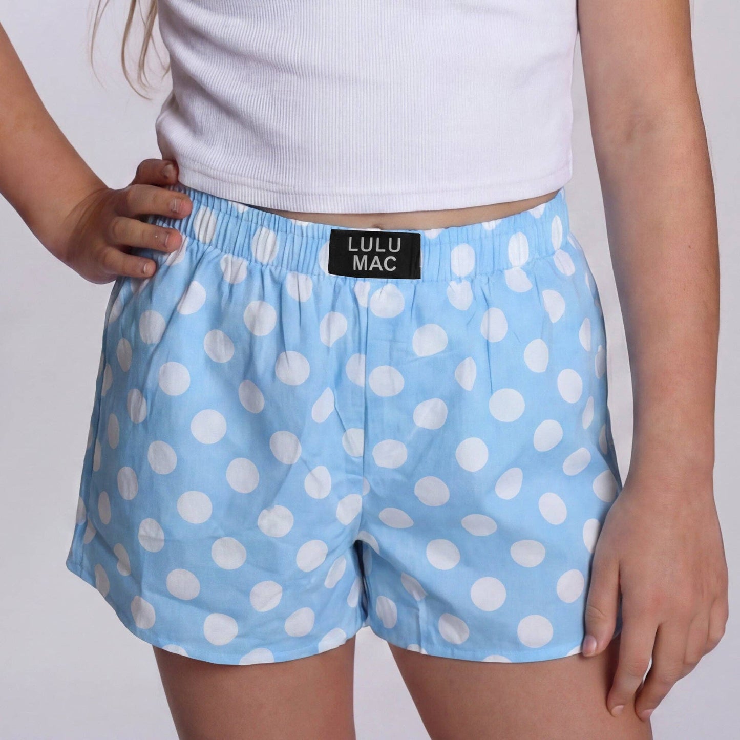 LM-KSH-1008-Light Blue Polka Dot KIDS SHORTS: Light Blue / Youth Small