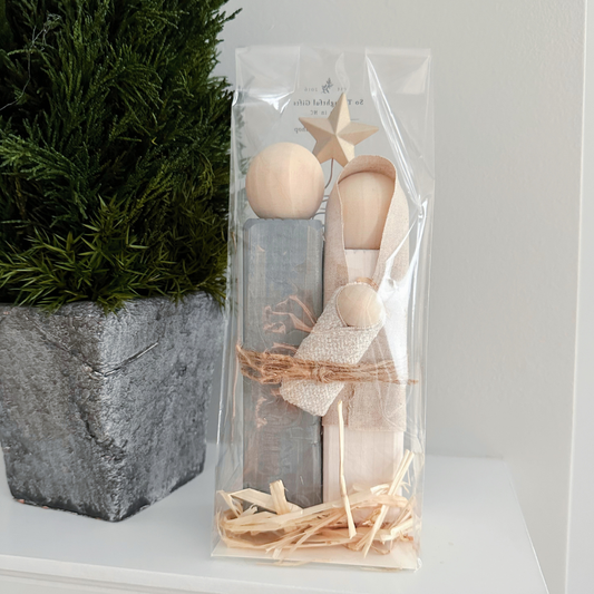 Simple Wooden Nativity Set | Hand-painted | Gift Wrapped: Gray & White